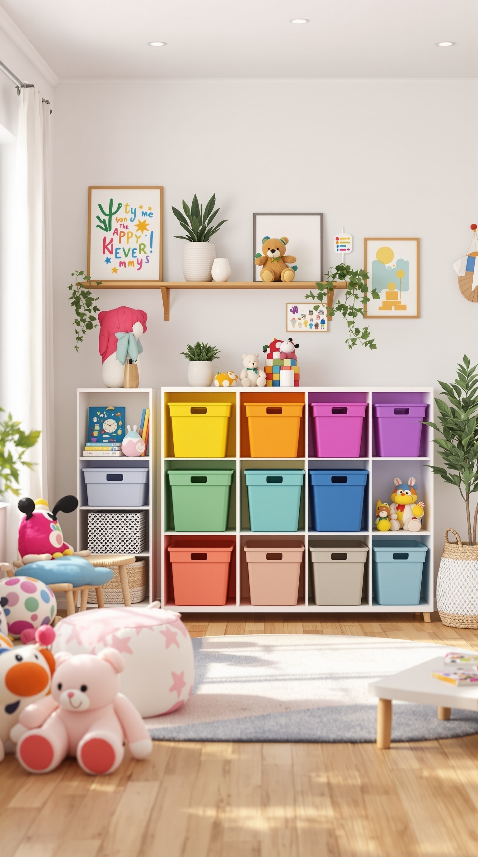 Colorful kids room with creative storage solutions featuring colorful bins and plush toys.