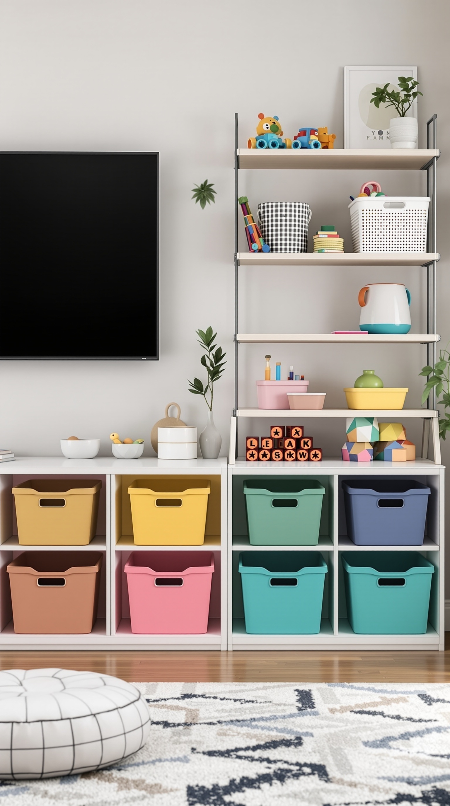 Colorful storage solutions in a kids TV room with shelves and bins