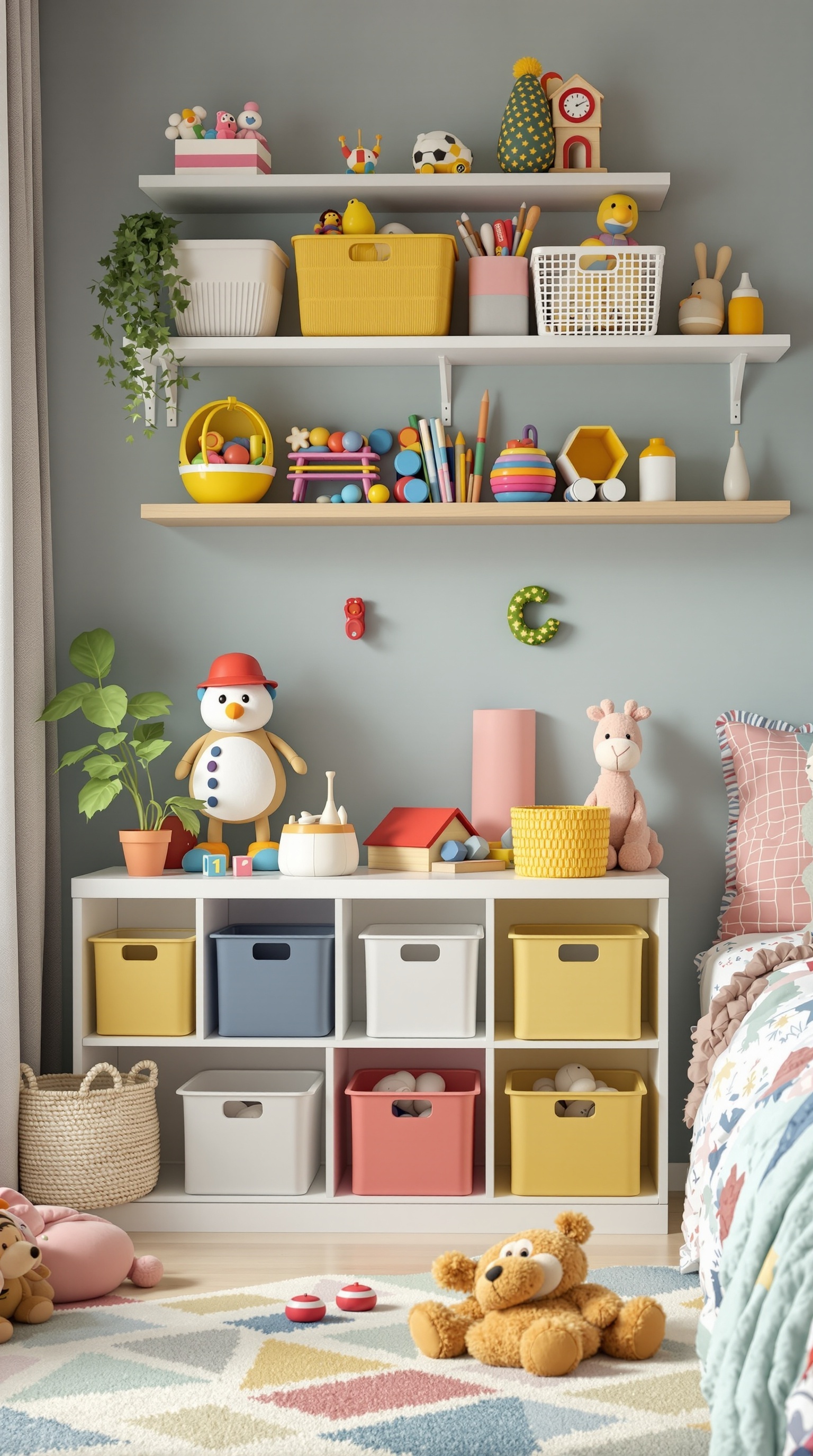 A colorful toddler room with organized shelves and storage bins.