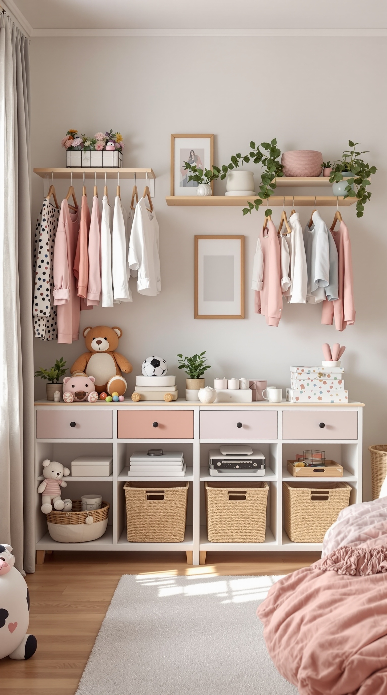 A beautifully organized baby girl bedroom featuring hanging clothes, shelves with plants, and a storage unit with baskets.