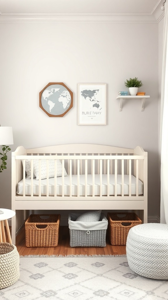 A small nursery layout featuring a crib, storage baskets, and wall decor.