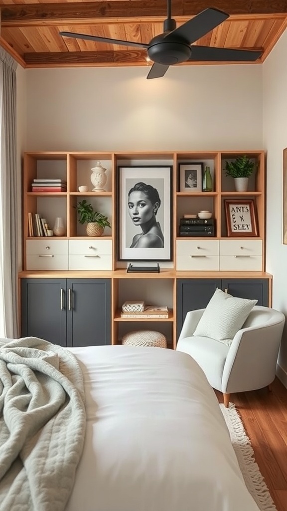 A cozy bedroom featuring a stylish shelving unit with decorative items and closed cabinets.