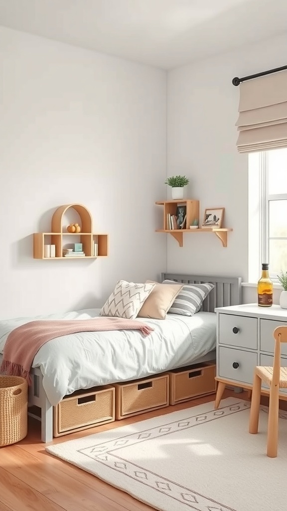 A small kids bedroom featuring a bed with storage drawers, wall shelves, and a cozy decor.