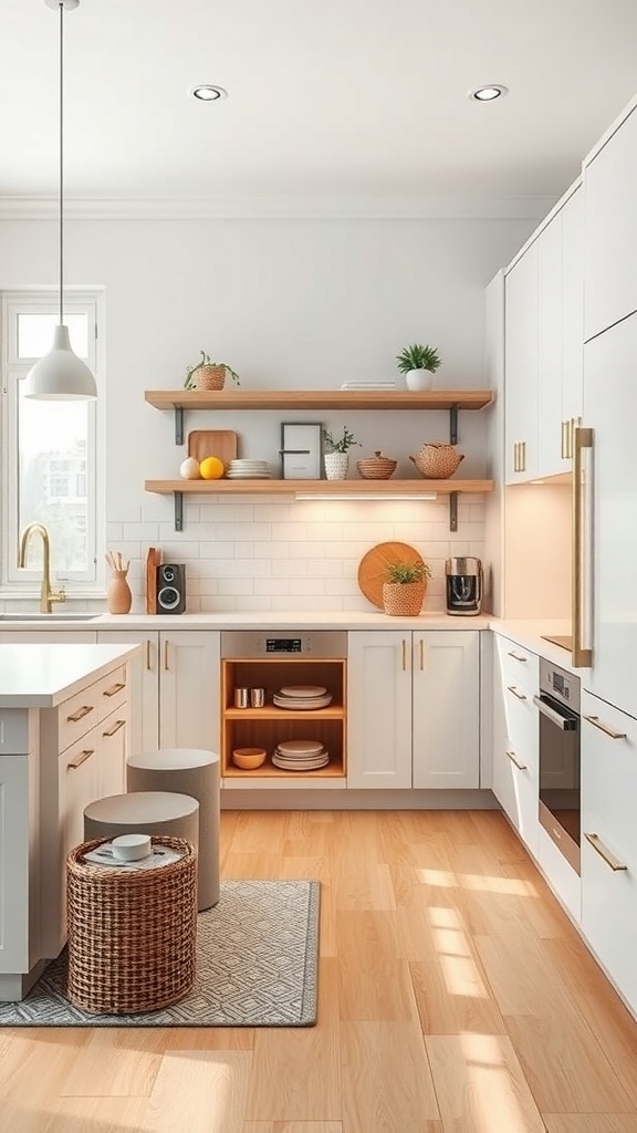 A modern kitchen with open shelving, wooden accents, and creative storage solutions.
