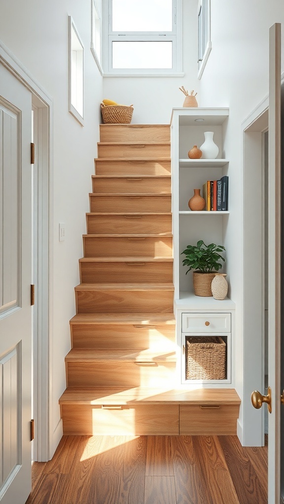 A staircase with built-in storage under the steps, featuring shelves and drawers.