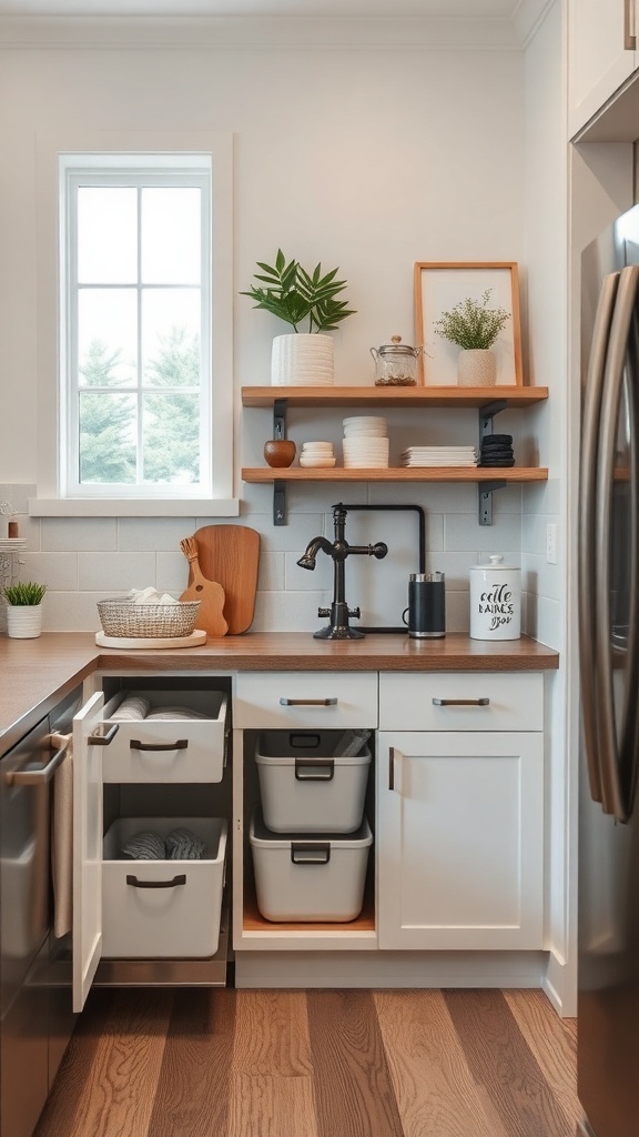 A modern kitchen with organized under-sink storage featuring pull-out drawers and bins.