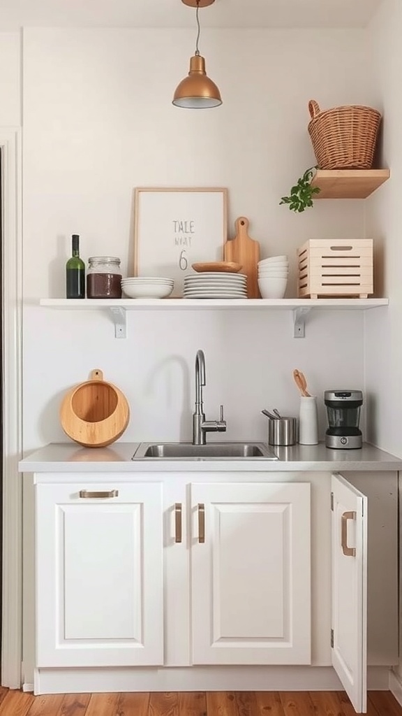 A small kitchen with organized under-sink storage, featuring white cabinets and a clean countertop.