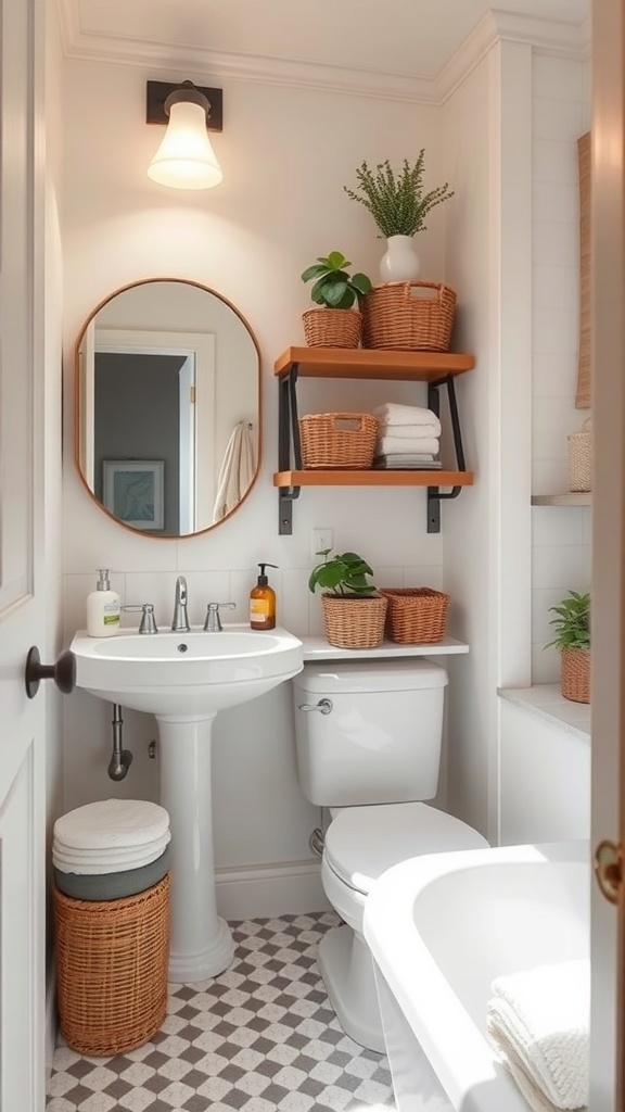A small bathroom featuring a pedestal sink, floating shelves with baskets, and a round mirror.