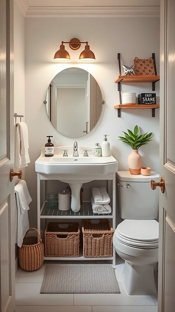 A small bathroom showcasing creative storage solutions under the sink with open shelving and baskets.