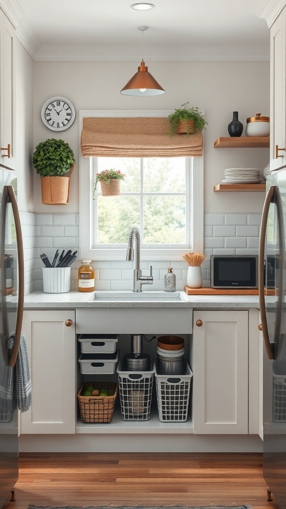Organized under-sink storage in a small kitchen with baskets and plants.