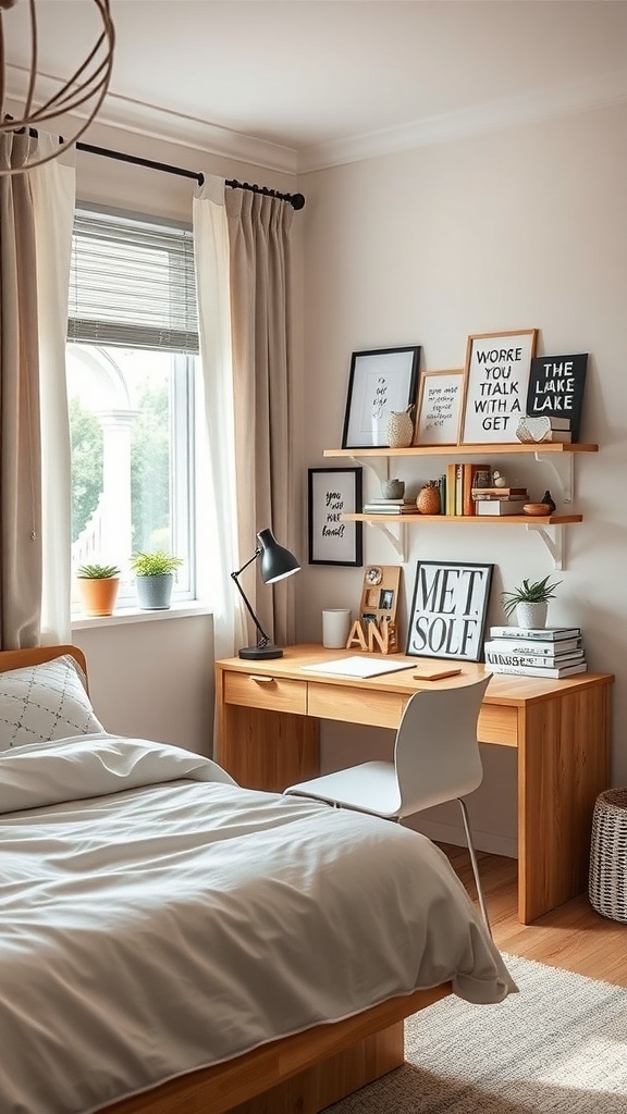 A cozy teen bedroom with a wooden desk, chair, and decorative shelf.