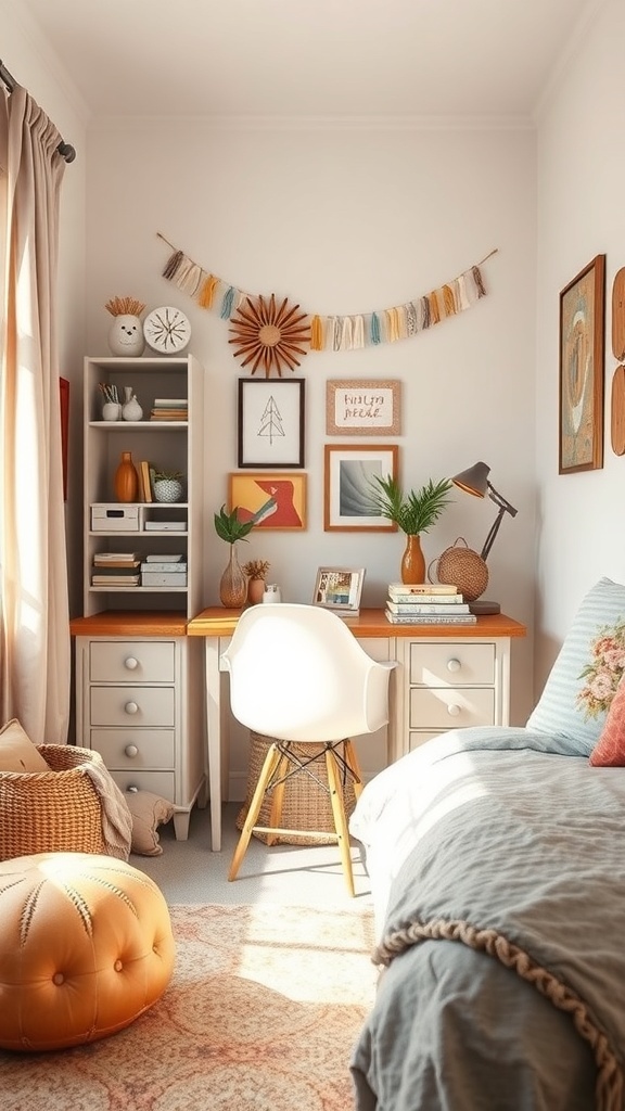 A cozy boho teen bedroom with a stylish study nook featuring a wooden desk, white chair, and colorful wall art.