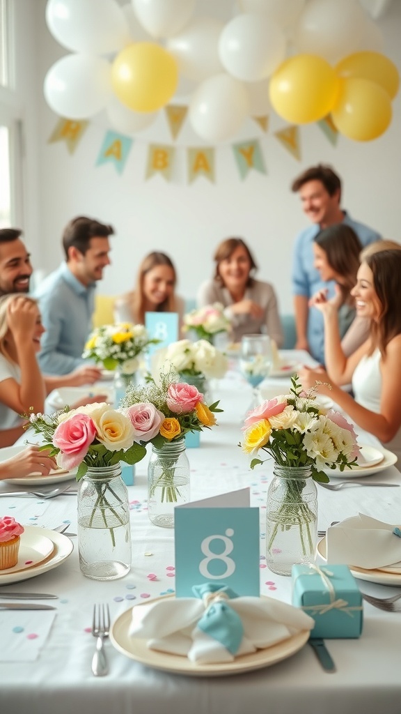 A beautifully set table for a baby shower featuring mason jar centerpieces filled with flowers, colorful balloons, and festive decorations.
