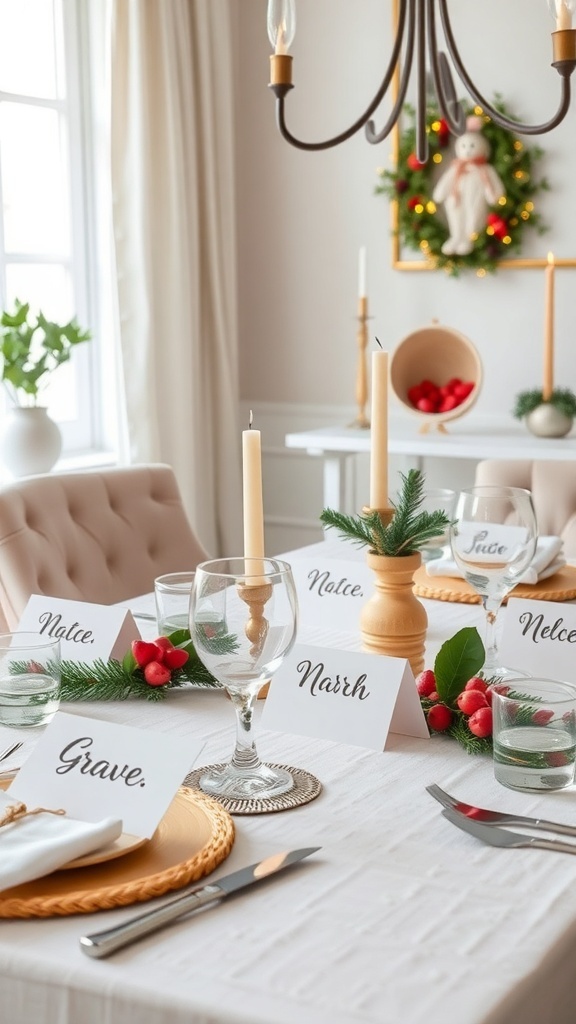 A beautifully set Christmas dining table with elegant name cards and festive decorations.