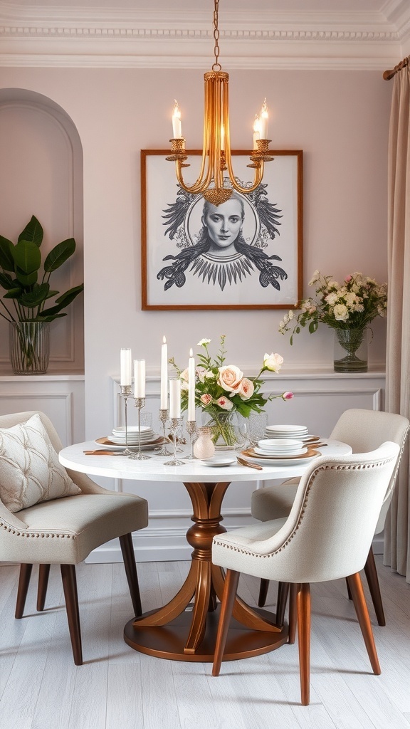 A small dining table set for an intimate meal, featuring elegant decor and soft lighting.