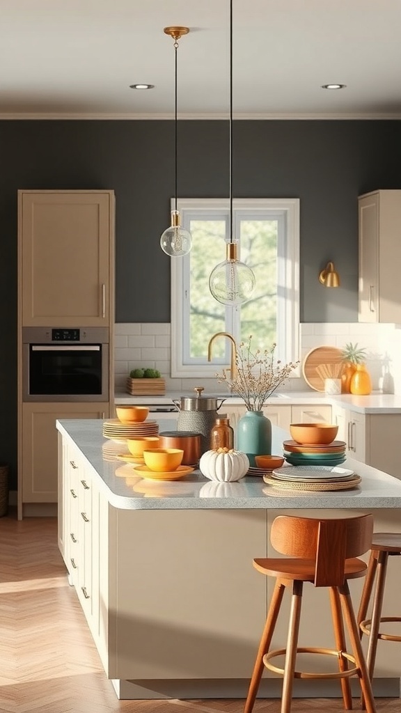 A modern kitchen island decor featuring vibrant tableware and warm lighting