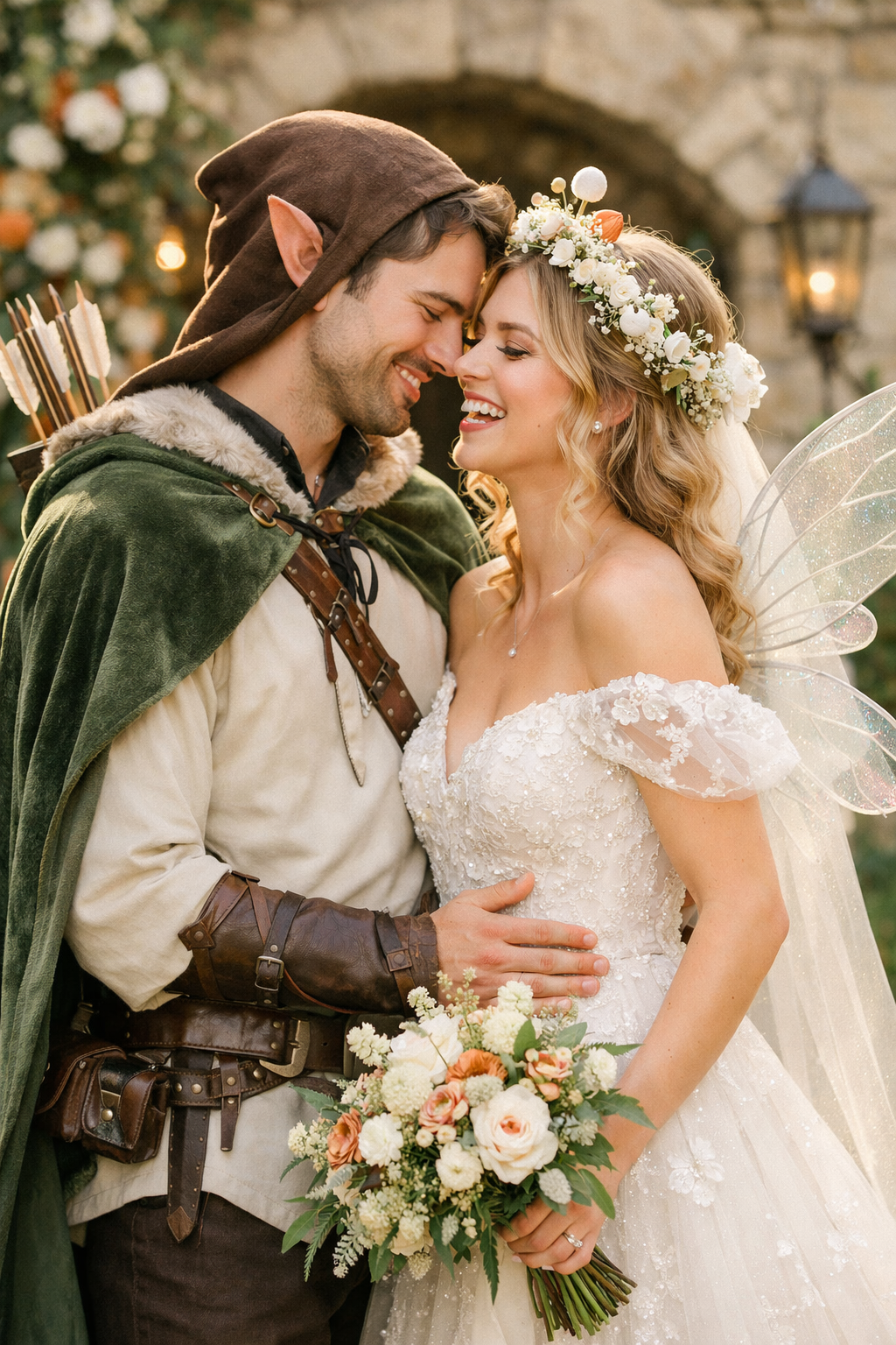 A couple in themed costumes, the groom dressed as an archer and the bride as a fairy, sharing a joyful moment outdoors.