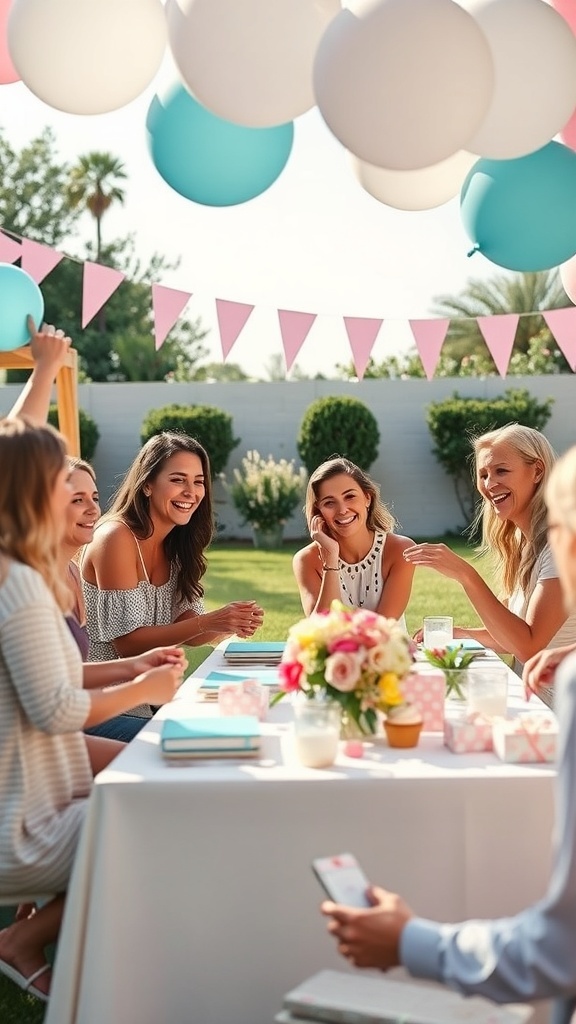 A group of friends enjoying a baby shower in a backyard setting with colorful decorations.