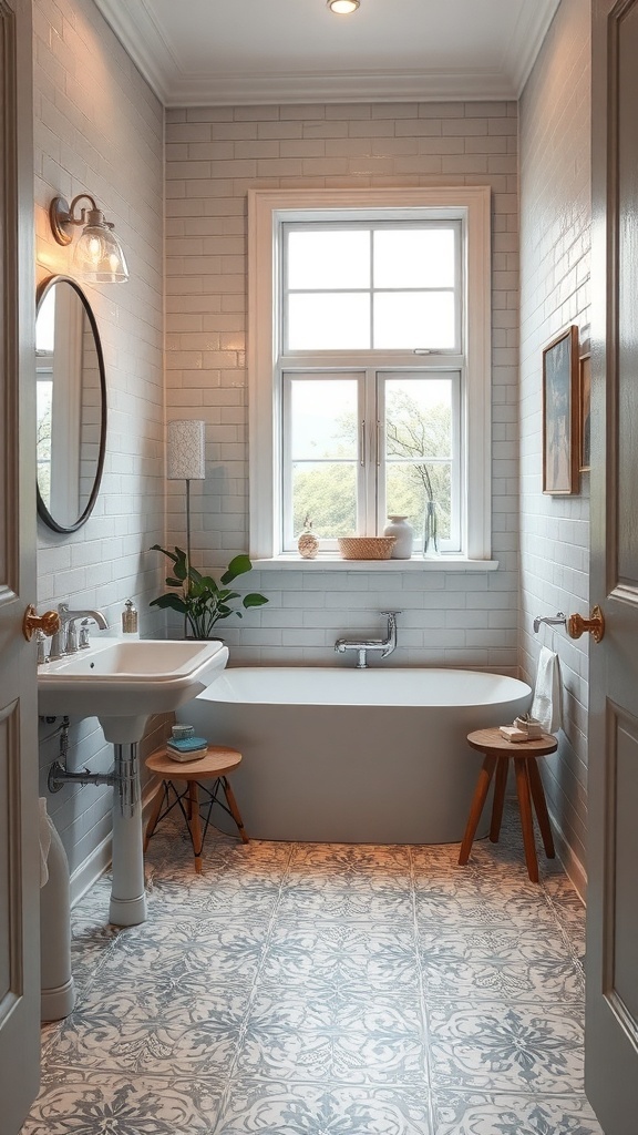 Small full bathroom with patterned floor tiles and white subway wall tiles.