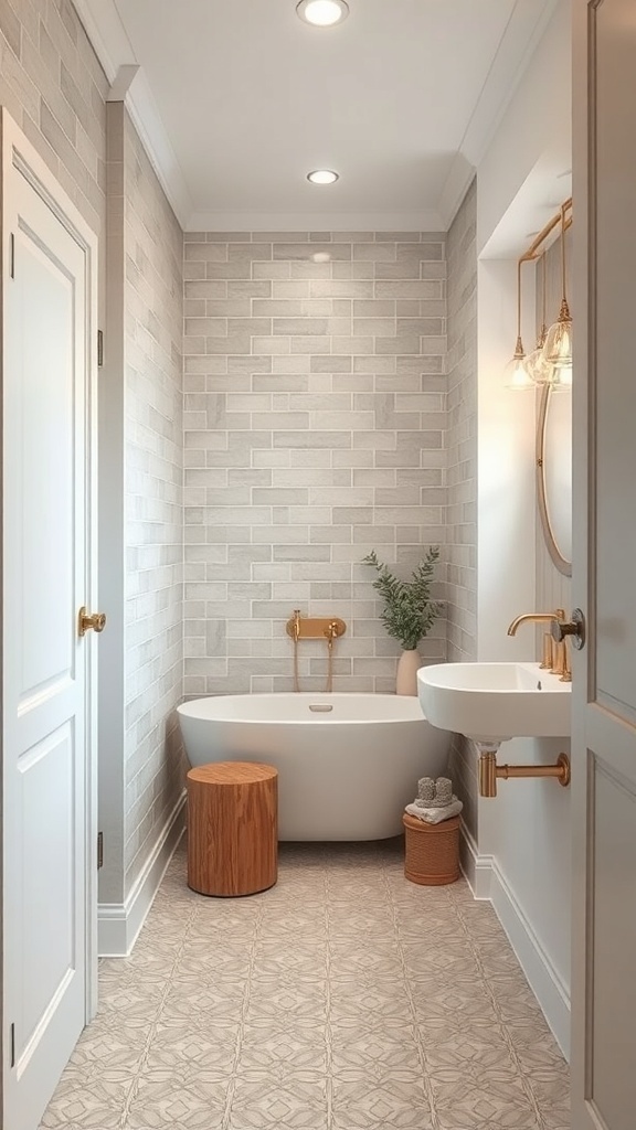 Narrow bathroom showcasing creative tile patterns with gray subway wall tiles and decorative floor tiles.