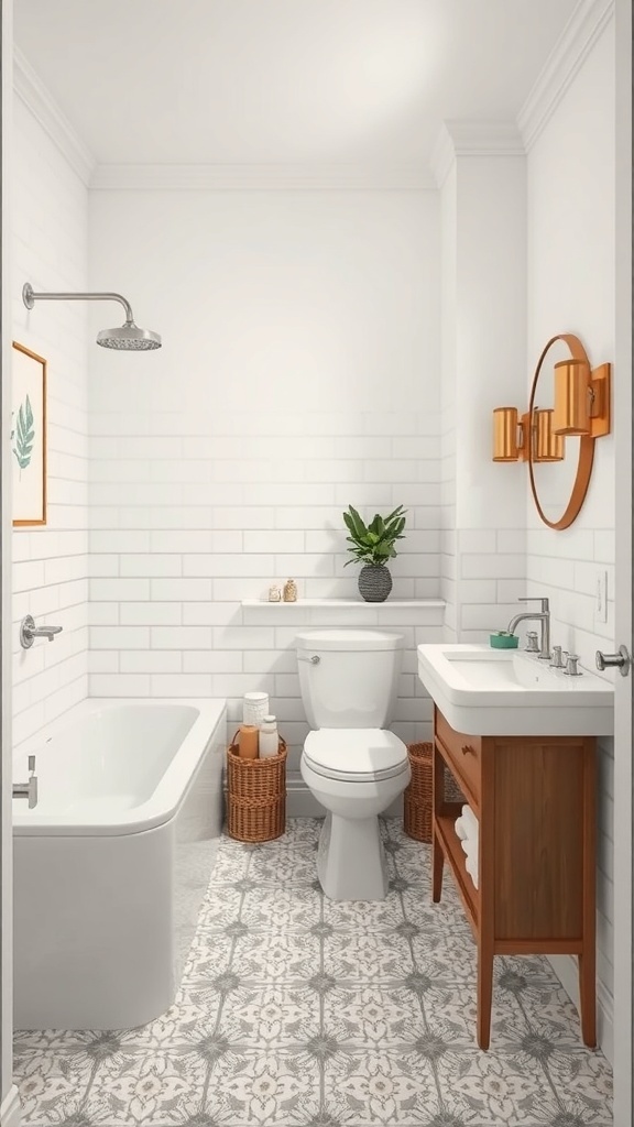A small bathroom featuring white subway tiles and patterned floor tiles.
