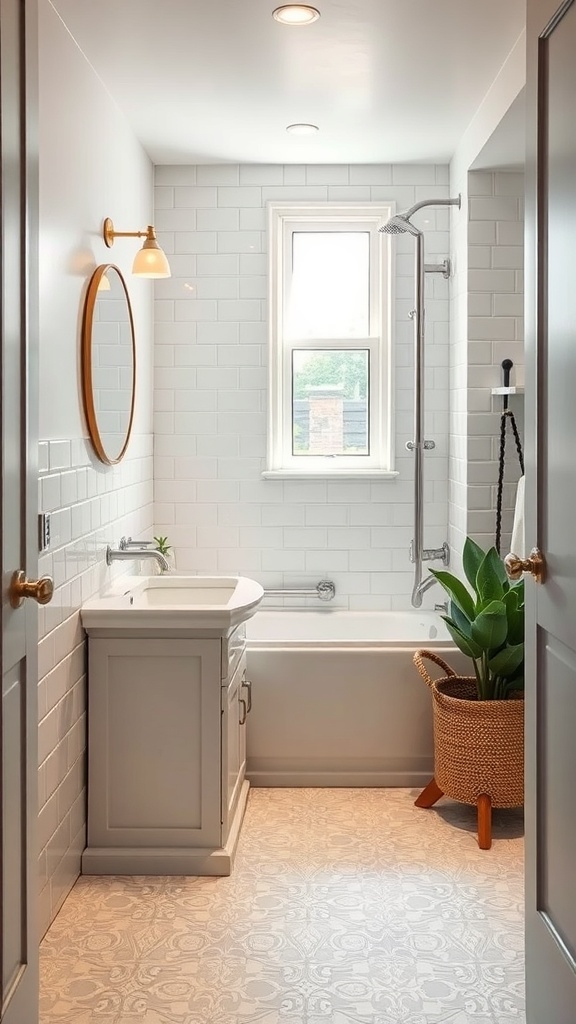 A small bathroom featuring white subway tiles on the walls and patterned tiles on the floor, with a bathtub, sink, and a plant in a basket.