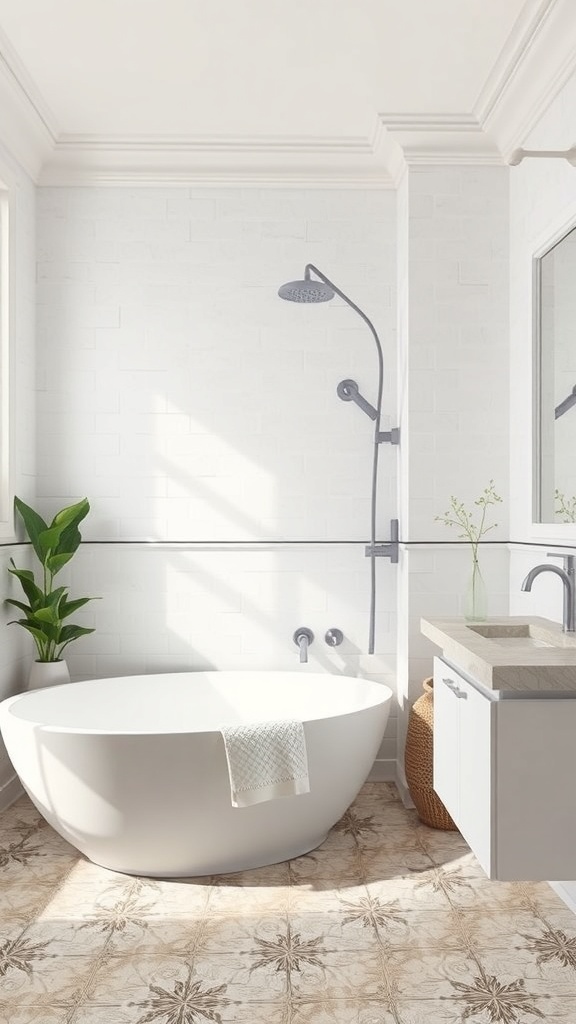 A modern bathroom featuring a stylish tile floor with floral patterns, a freestanding bathtub, and contemporary fixtures.