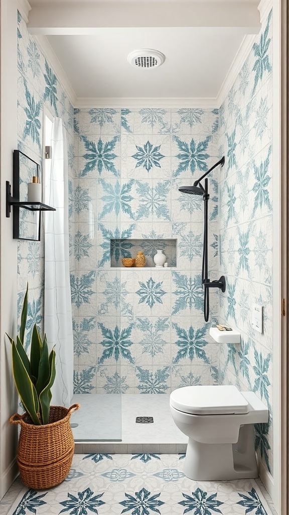 Small bathroom with blue and white floral tile patterns, featuring a shower, toilet, and a plant.