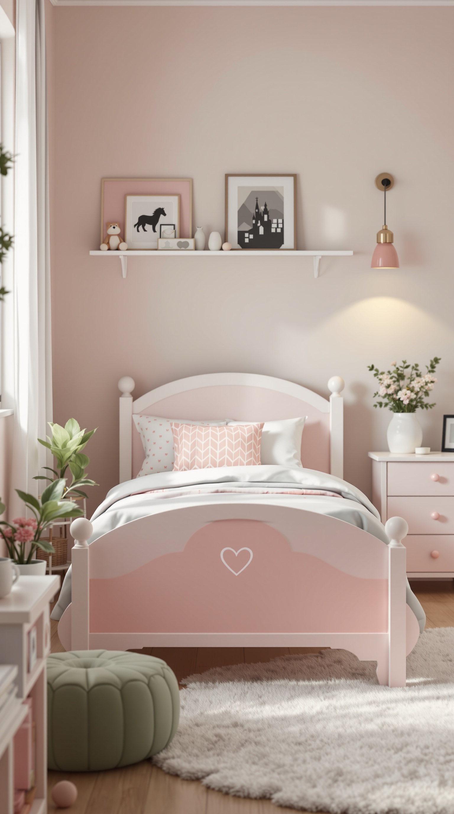 A cozy toddler bed in a pink-themed room with decorative pillows and plants.