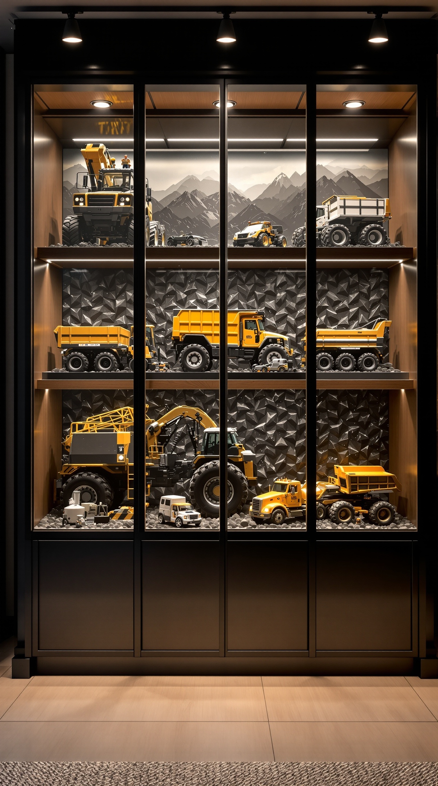 A stylish display case showcasing various toy trucks with a mountain backdrop and lighting.