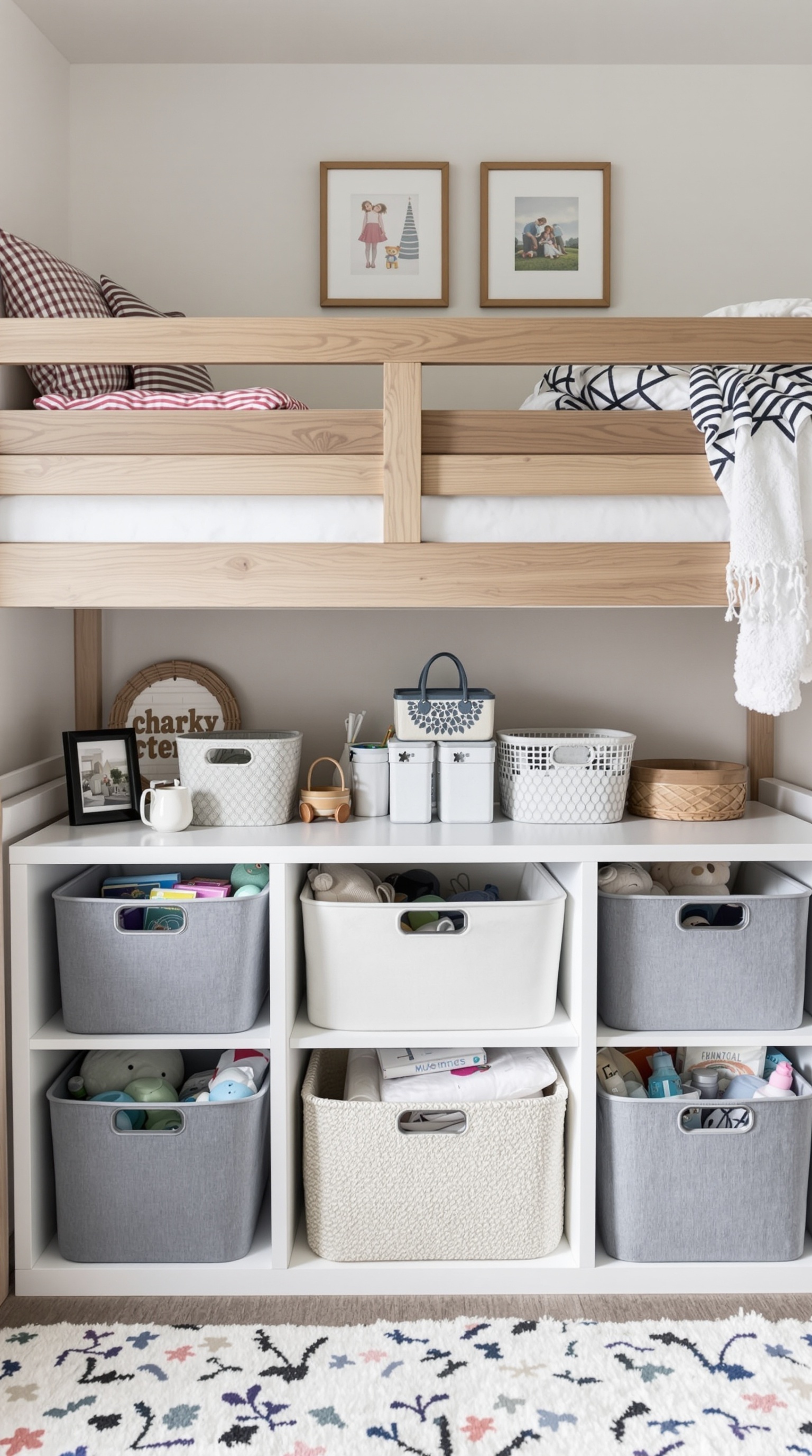 A cozy bunk bed with organized under-bed storage bins.