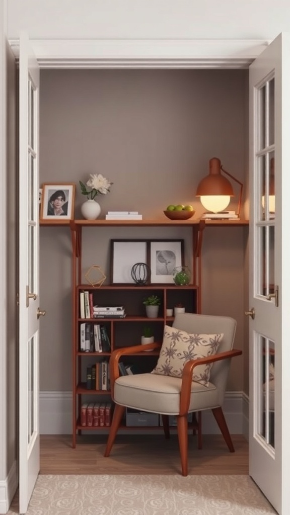 A cozy reading nook created in a closet, featuring a chair, bookshelf, and warm lighting.