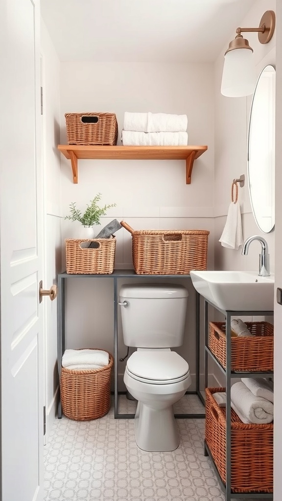 A small bathroom organized with woven baskets and bins, featuring towels and toiletries neatly stored.