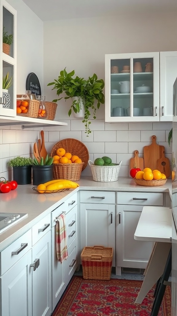 A bright kitchen featuring various baskets used for storage, filled with fruits and plants.