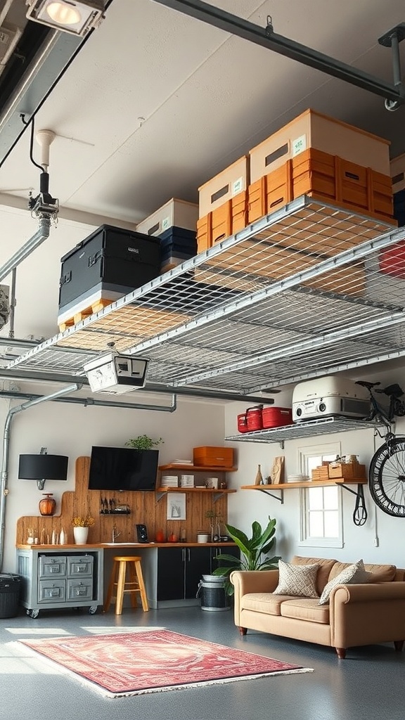 A garage with overhead storage shelves filled with boxes and containers, showcasing organized use of ceiling space.