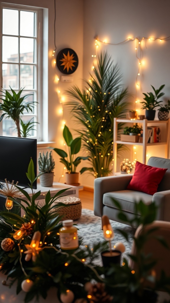 A cozy office decorated with Christmas lights and plants, creating a festive atmosphere.