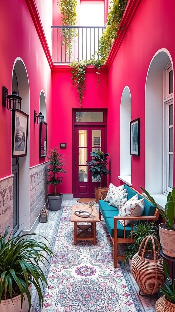 A narrow balcony with vibrant pink walls, a teal sofa, wooden table, plants, and decorative lighting.