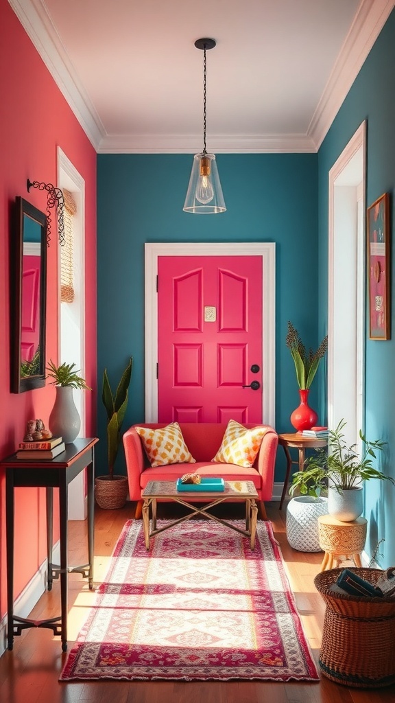 A colorful small entryway featuring teal and coral walls, a bright pink door, and a cozy sofa with patterned cushions.