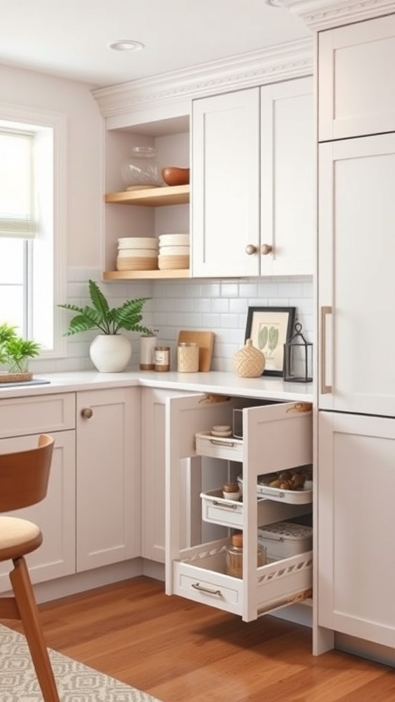 A stylish corner cabinet in a small kitchen with open shelves and drawers, showcasing a blend of storage and decor.