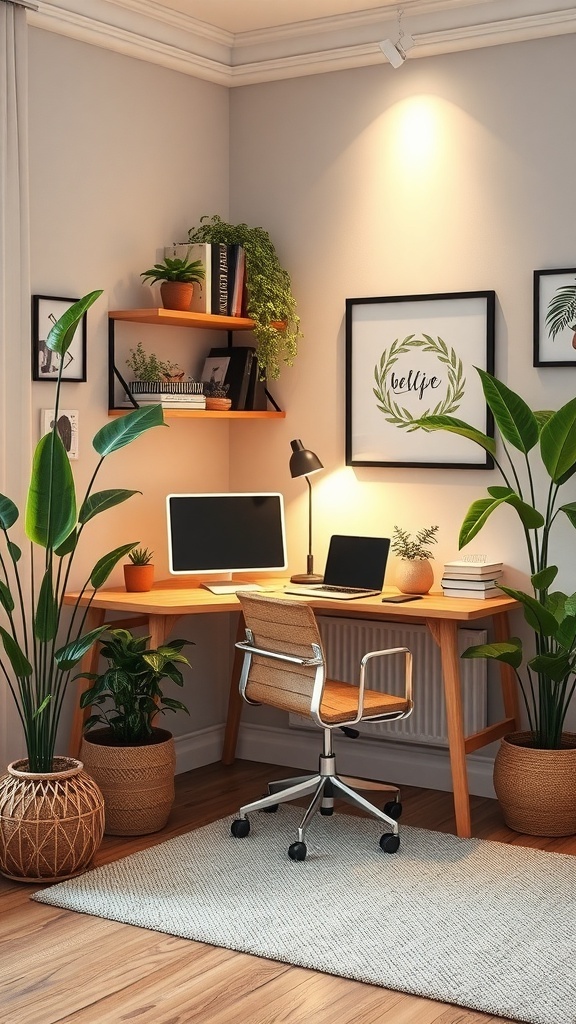 Cozy corner home office with a wooden desk, plants, and wall art.