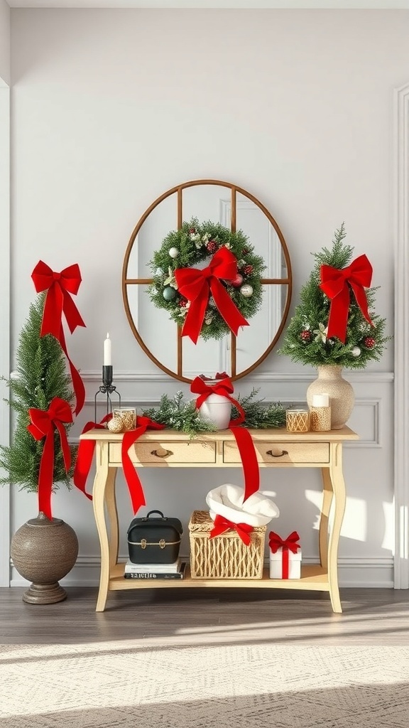 A beautifully decorated entryway table for Christmas featuring red bows and greenery.