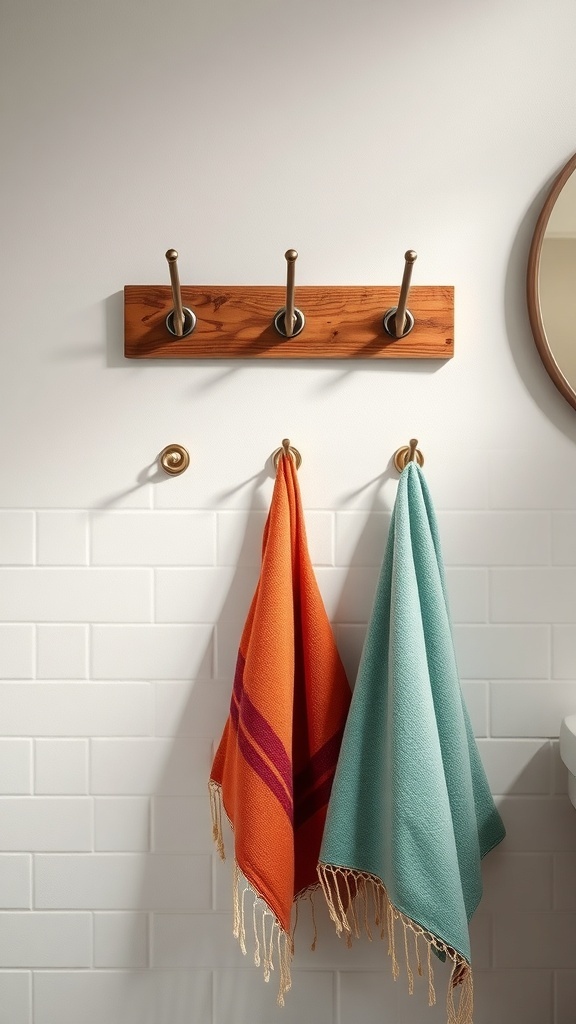 A rustic wooden hook rack with metal hooks, displaying orange and teal towels in a bathroom setting.