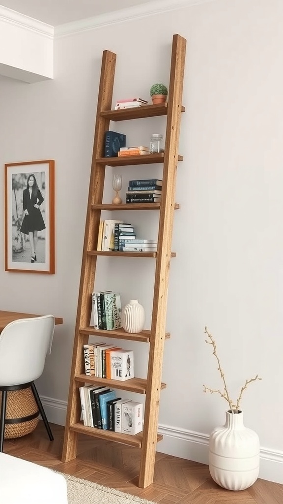 A wooden ladder bookshelf displaying books and decorative items.