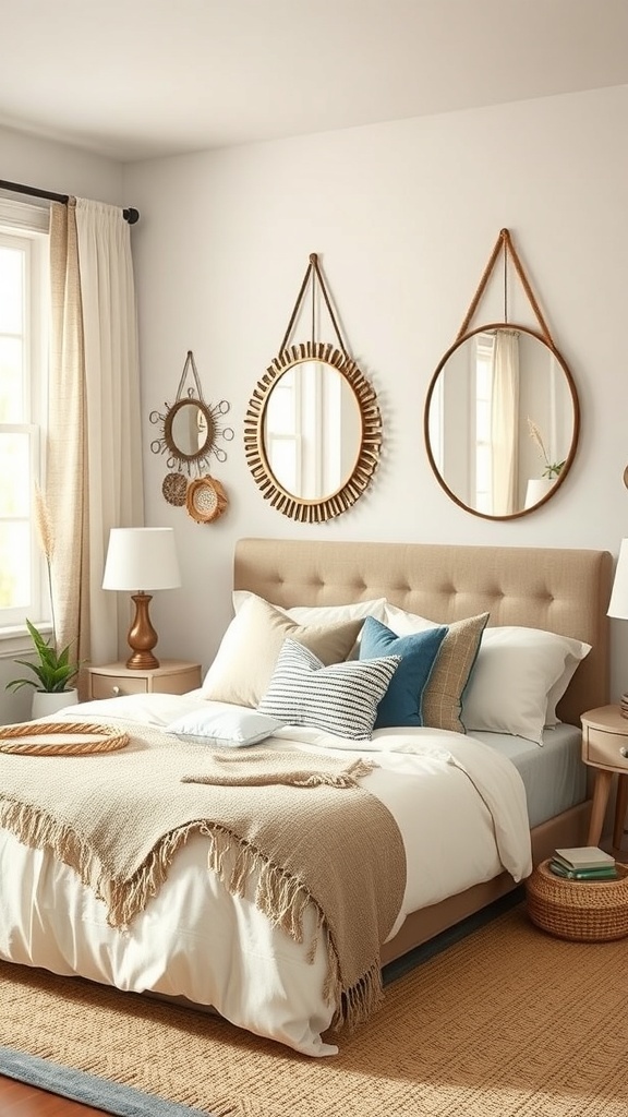 A cozy boho farmhouse bedroom featuring a bed with a textured blanket, decorative pillows, and a collection of unique mirrors on the wall.