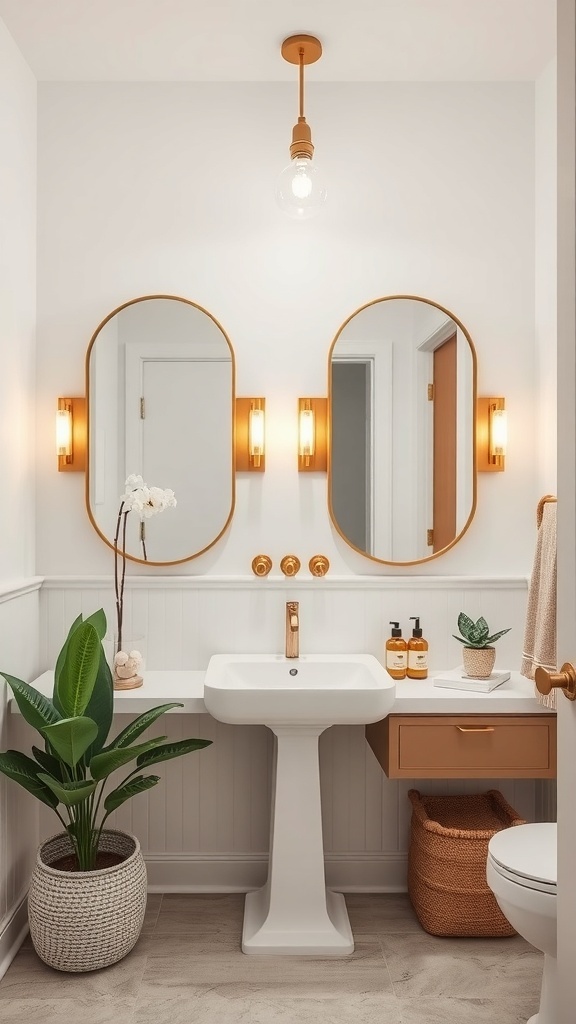 A stylish small powder room featuring two round mirrors, warm lighting, and a modern sink.