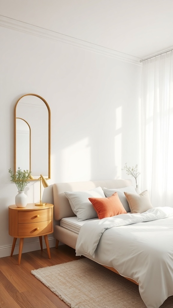 A cozy teen bedroom featuring a bed with light bedding, a bedside table with a lamp, and a large mirror on the wall.