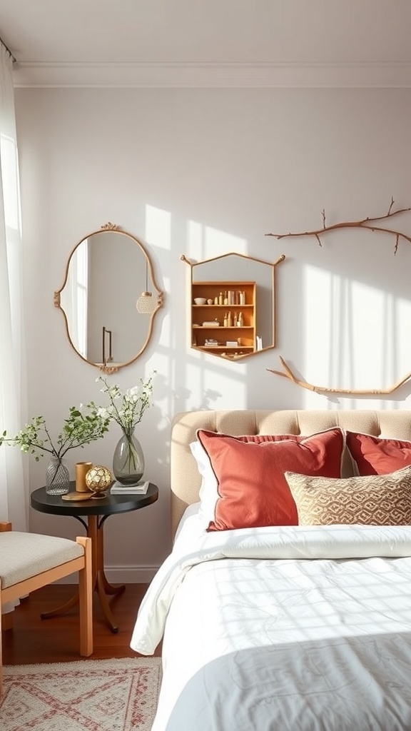 A cozy bedroom with a round mirror, wooden shelf, and decorative elements.