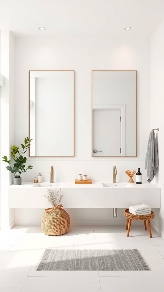 A minimalist small bathroom featuring two tall mirrors above a sleek vanity, with plants and decorative elements.