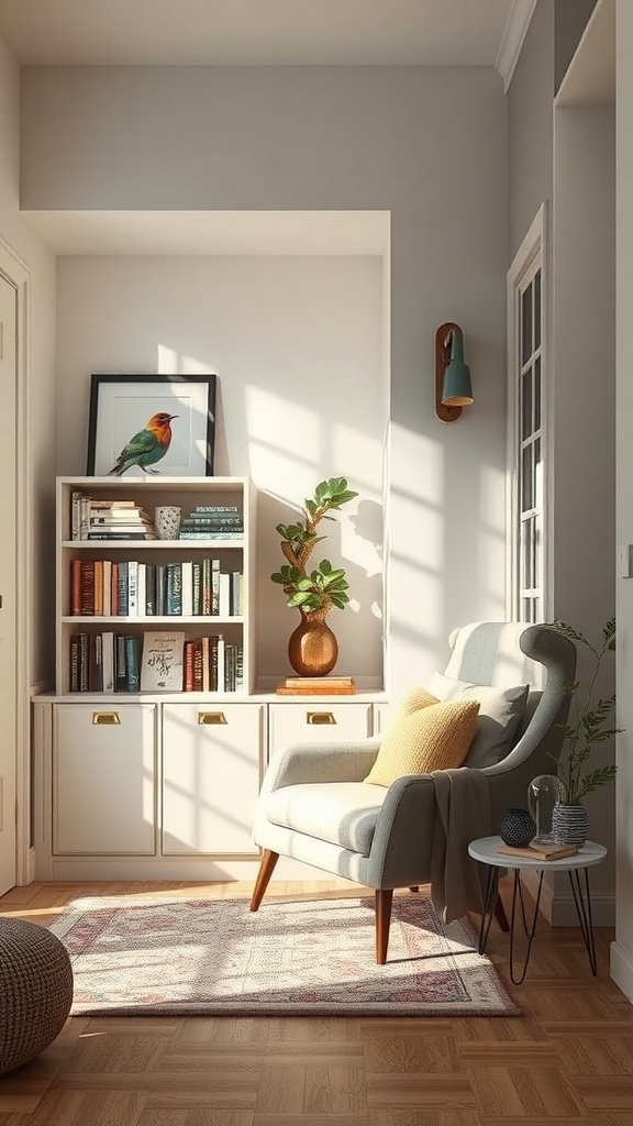 Cozy corner in a small apartment with a chair, bookshelf, and plants