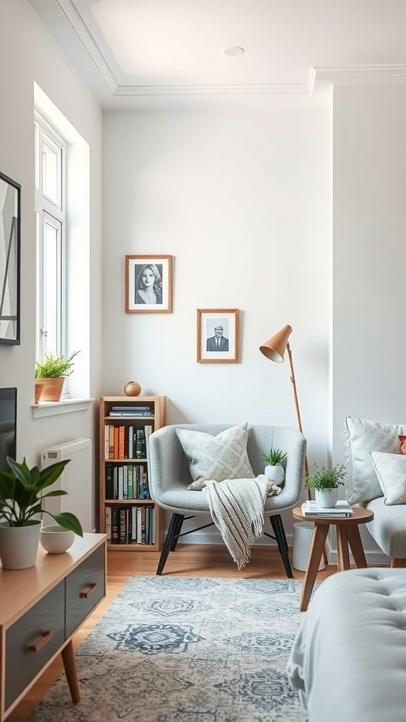 Cozy corner in a tiny studio apartment featuring two chairs, a small table, and a bookshelf with plants.